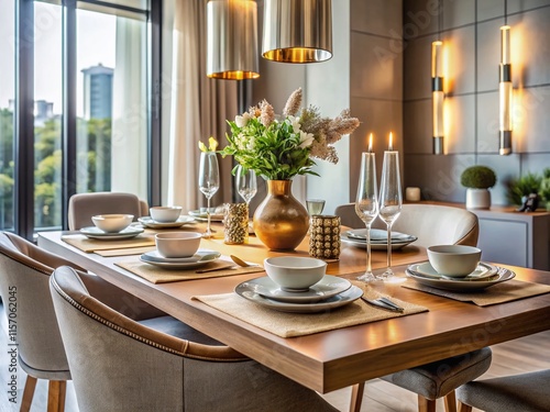 Stylish Modern Fashionable Table Setting, Minimalist Interior Design, Elegant Dining Room Decor