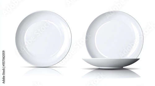 Vector 3D realistic white porcelain or ceramic plate with reflections Design template mockup in front top and side views isolated on a white background