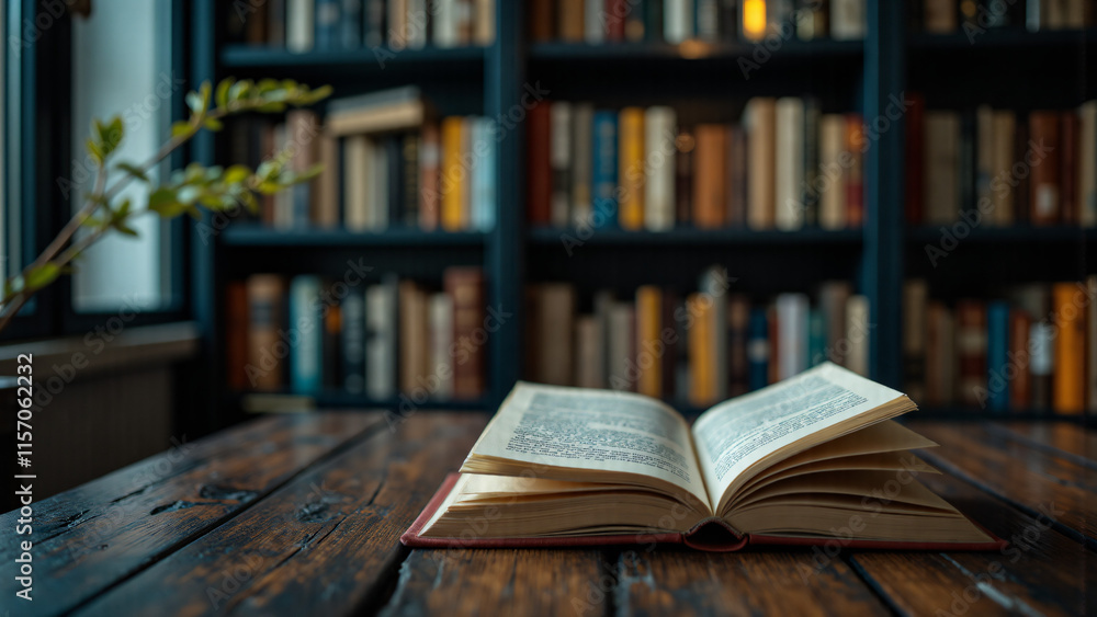 Fototapeta premium immersing in the ocean of knowledge: an open book on a table with a desk lamp and bookshelf, exploring new possibilities and accumulating wisdom through reading