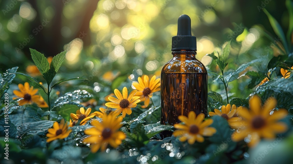 Amber Dropper Bottle in a Natural Setting with Yellow Flowers and Green Foliage Amber Dropper Bottle in a Natural Setting with Yellow Flowers and Green Foliage
