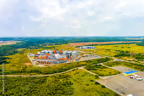 Kaluga, Russia. Watercolor illustration. Special economic zone Kaluga. Factory. Aerial view photo