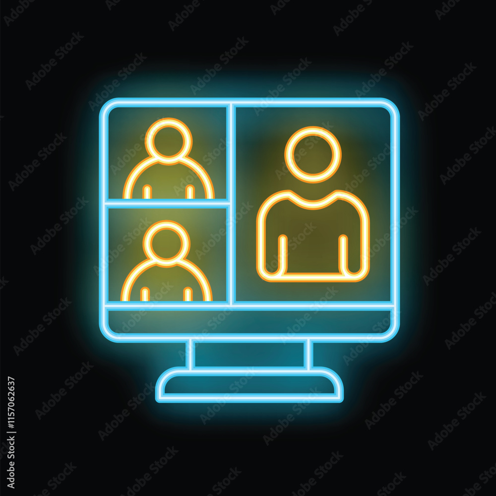 Brightly glowing neon icon of a video conference taking place on a computer Brightly glowing neon icon of a video conference taking place on a computer
