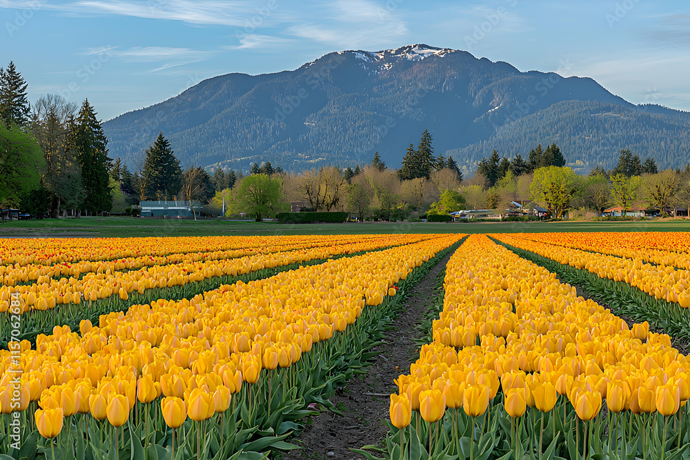 Stunning vista of vibrant yellow tulip fields stretching towards majestic snow-capped mountains under a bright sky. Stunning vista of vibrant yellow tulip fields stretching towards majestic snow-capped mountains under a bright sky.