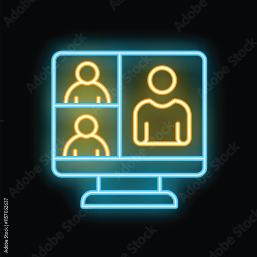 Brightly glowing neon icon of a video conference taking place on a computer