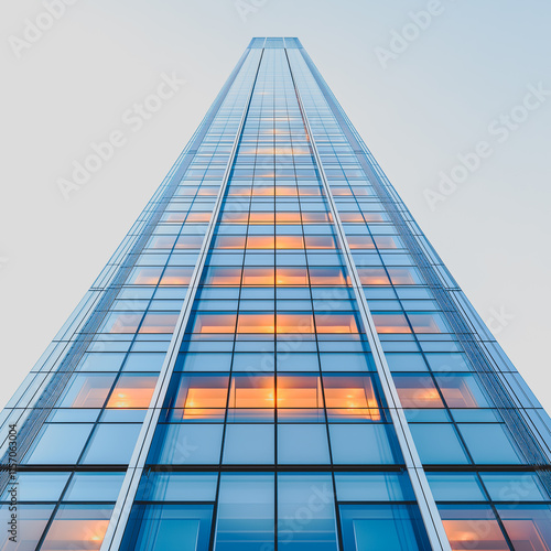 A tall building with many windows and a very tall tower. The windows are lit up with a warm orange glow photo