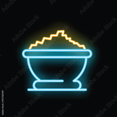 Neon sign illuminating a bowl overflowing with gold coins, representing wealth and prosperity
