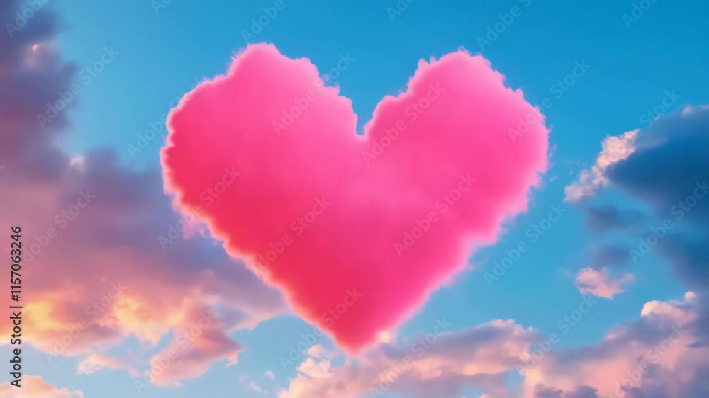 A vibrant pink heart shaped cloud floats in a serene blue sky, surrounded by soft fluffy clouds A vibrant pink heart shaped cloud floats in a serene blue sky, surrounded by soft fluffy clouds