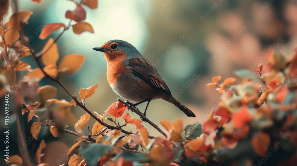 Serene Autumn Robin: A Bird Perched on Autumn Leaves Serene Autumn Robin: A Bird Perched on Autumn Leaves