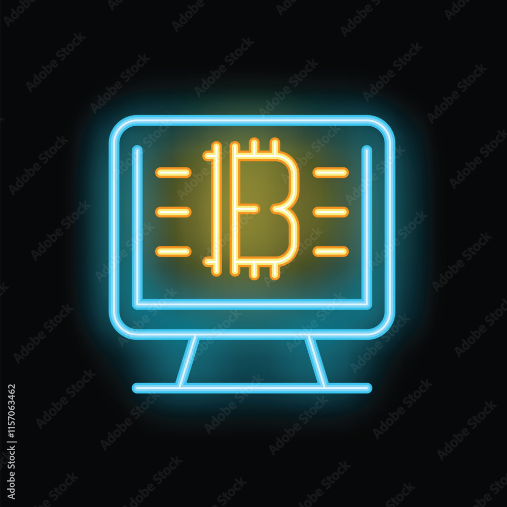 Neon sign depicting a computer screen displaying the bitcoin cryptocurrency logo, symbolizing online trading and investment Neon sign depicting a computer screen displaying the bitcoin cryptocurrency logo, symbolizing online trading and investment