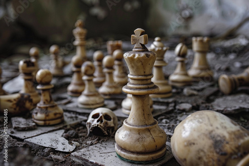 Chess piece standing on checkered game board during strategic game of chess, abstract vivid composition consists of fictional unreal fantastic vision on background