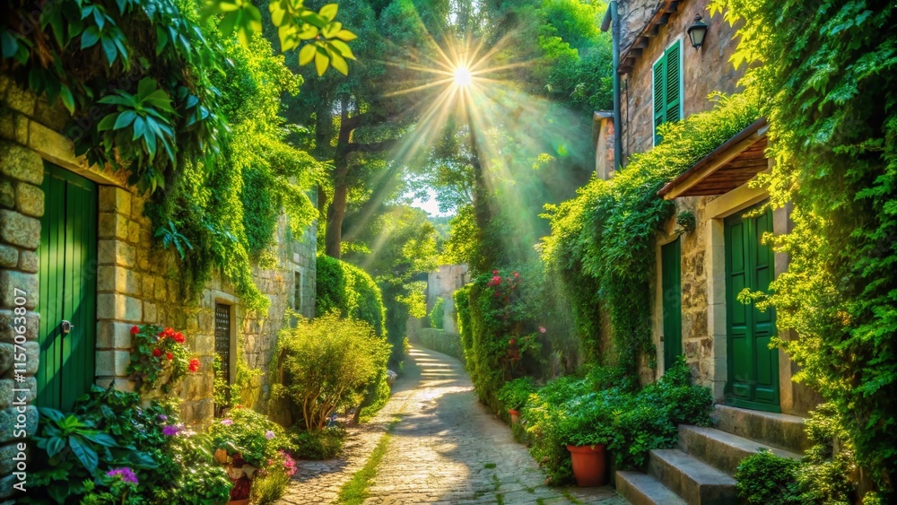 Obraz premium Sunlit Green Alleyway, Trsteno Arboretum, Dubrovnik - Tilt-Shift Photography