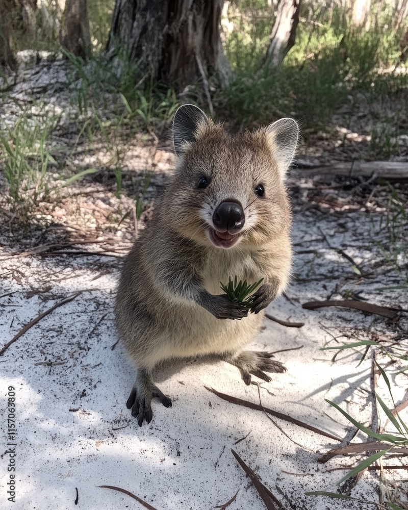 Obraz premium A quokka smiling while sitting on a sandy path, 