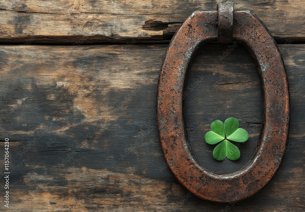 Rustic Metal Ring with a Green Four-Leaf Clover on Weathered Wooden Background, Symbolizing Luck and Nature's Beauty in Vintage Style Rustic Metal Ring with a Green Four-Leaf Clover on Weathered Wooden Background, Symbolizing Luck and Nature's Beauty in Vintage Style