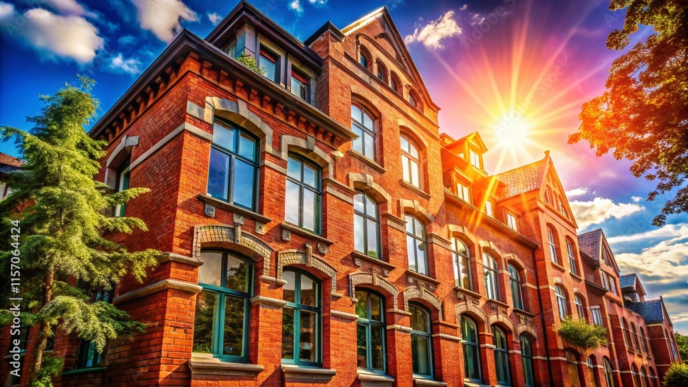 Fototapeta premium Sunlit Red Brick Duplex Building - Charming Architectural Detail Stock Photo