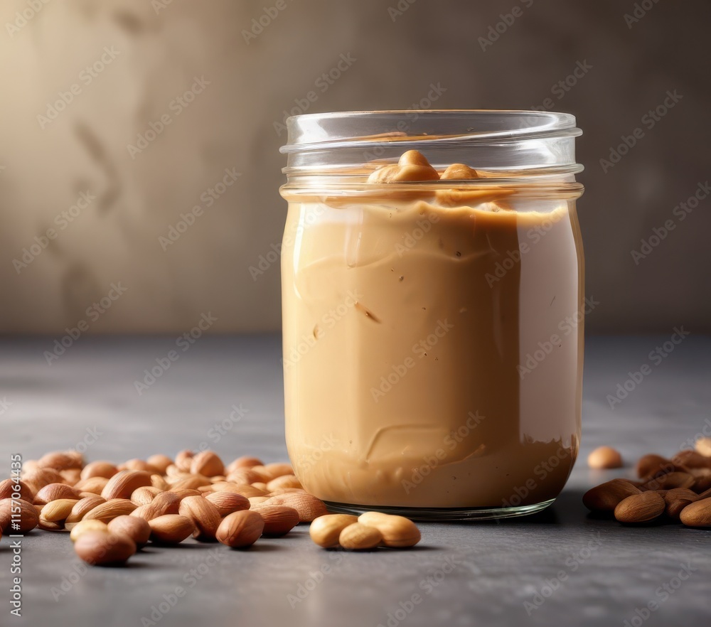 Jar of creamy peanut butter with mixed nuts visible, natural, photography Jar of creamy peanut butter with mixed nuts visible, natural, photography
