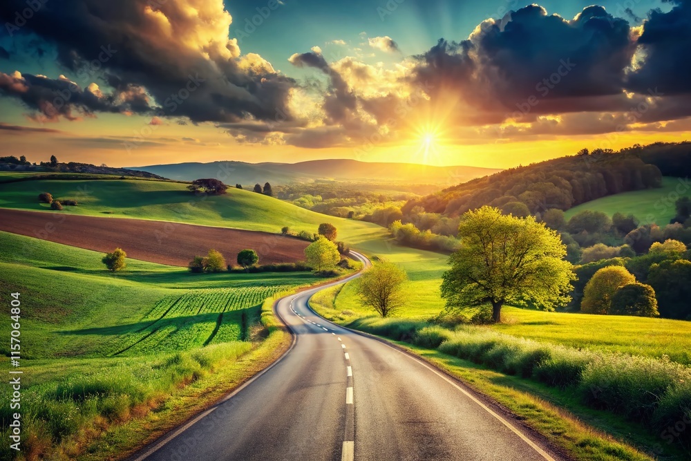 Obraz premium Sunny Spring Road Panorama: Vintage Style Landscape Photography