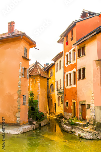 Annecy, France. Watercolor illustration. Walls of houses on the banks of the Thiou River. Summer day photo