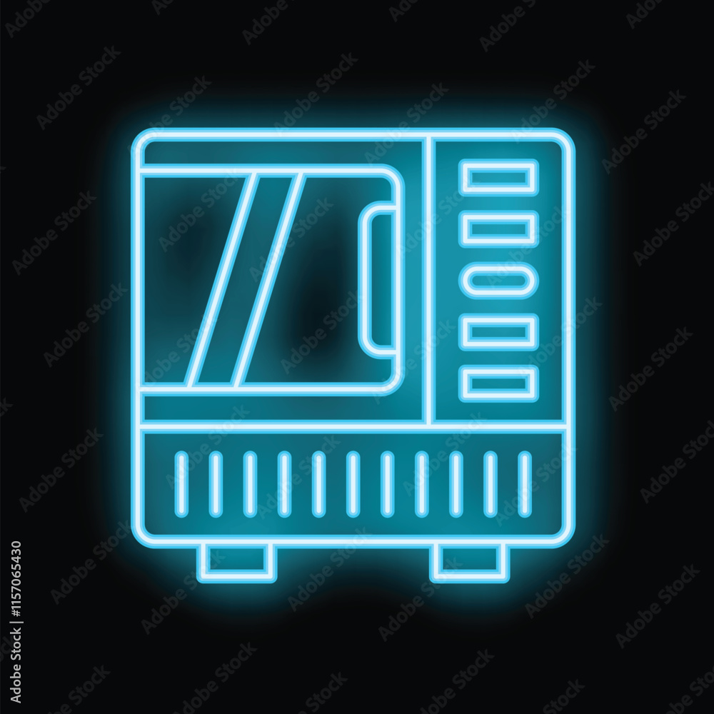 Bright blue neon microwave icon glowing on black background illustrating concepts such as cooking, food and home appliance Bright blue neon microwave icon glowing on black background illustrating concepts such as cooking, food and home appliance
