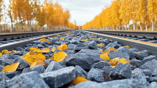 View of Autumn Railroad Tracks with Gray Gravel and Warm Fall Leaves Ideal for Seasonal Nature and Journey Themes