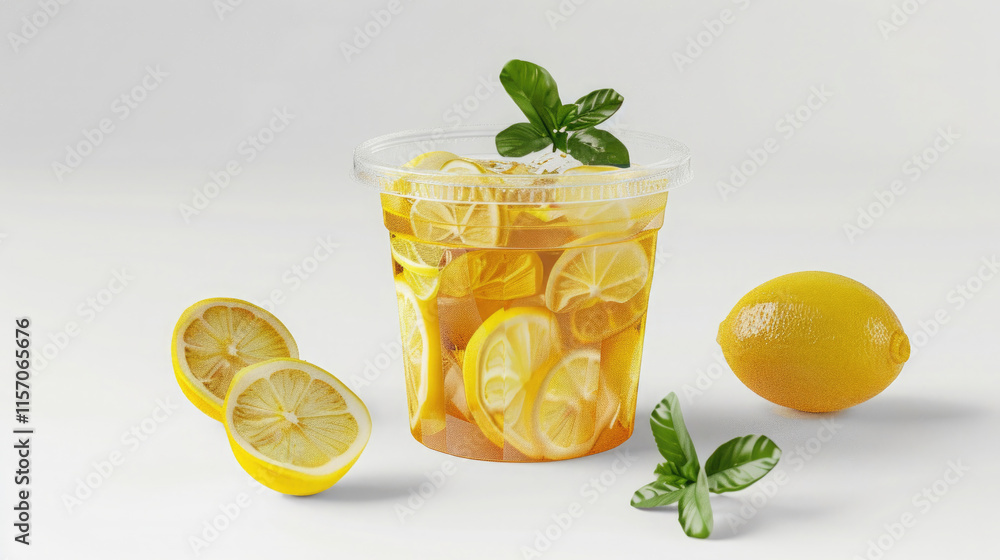 Refreshing lemon beverage with mint and fresh lemon slices displayed on a clean surface Refreshing lemon beverage with mint and fresh lemon slices displayed on a clean surface