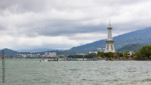 View of Kuah, Pulau Langkawi, Malaysia with the Maha tower landmark.