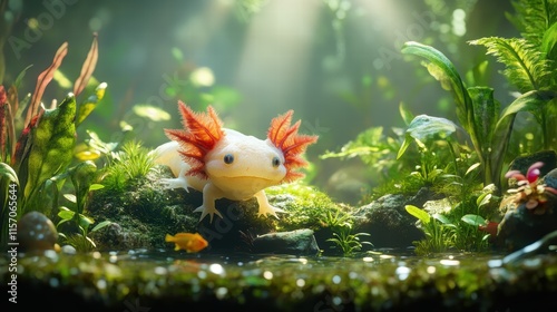 Close up of an axolotl swimming in a planted aquarium photo