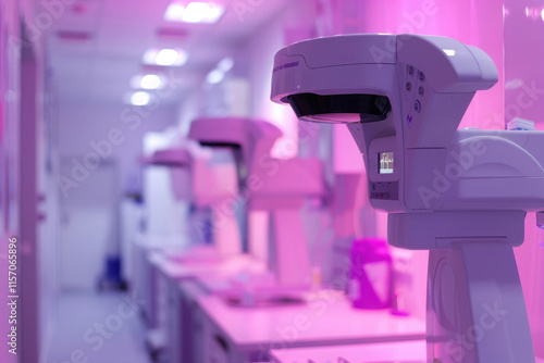 
Modern medical imaging equipment in a brightly lit medical facility with pink lighting, mammography photo