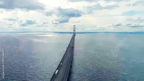 Korser, Denmark. Watercolor illustration. Great Belt Bridge (Storeb?lt). Cloudy weather with gaps, Aerial View photo