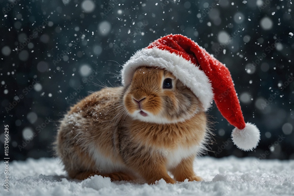 Fluffy Bunny Baby in Santa Claus Hat Adorably Posing Against a Sparkling Snow Background Fluffy Bunny Baby in Santa Claus Hat Adorably Posing Against a Sparkling Snow Background