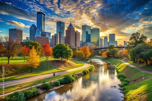 Surreal Autumn Houston Skyline: Buffalo Bayou Park, Texas
