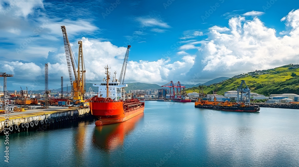 Vibrant Harbor Scene with a Red Vessel Docking Under a Clear Blue Sky Surrounded by Industrial Cranes and Lush Green Hills in the Background Vibrant Harbor Scene with a Red Vessel Docking Under a Clear Blue Sky Surrounded by Industrial Cranes and Lush Green Hills in the Background
