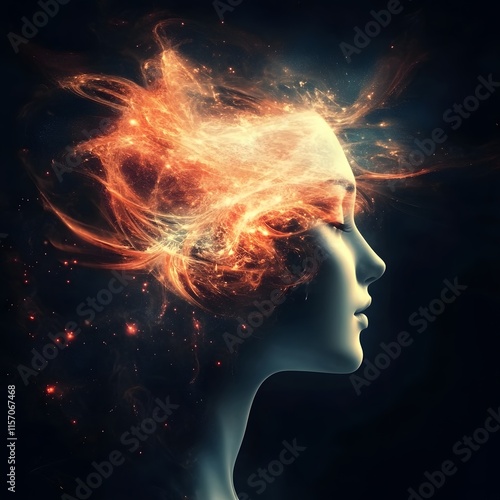 Ethereal fire portrait digital art studio surreal imagery dark environment profile view mindfulness concept