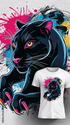 T-shirt mockup, Striking black panther illustration T-shirt design with vibrant splashes and bold expression