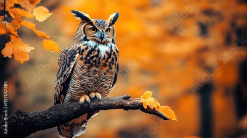 Majestic Owl Perched on Branch Surrounded by Autumn Leaves photo