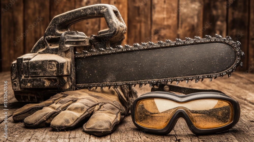 Chainsaw with Protective Gear on Rustic Wood Background Chainsaw with Protective Gear on Rustic Wood Background