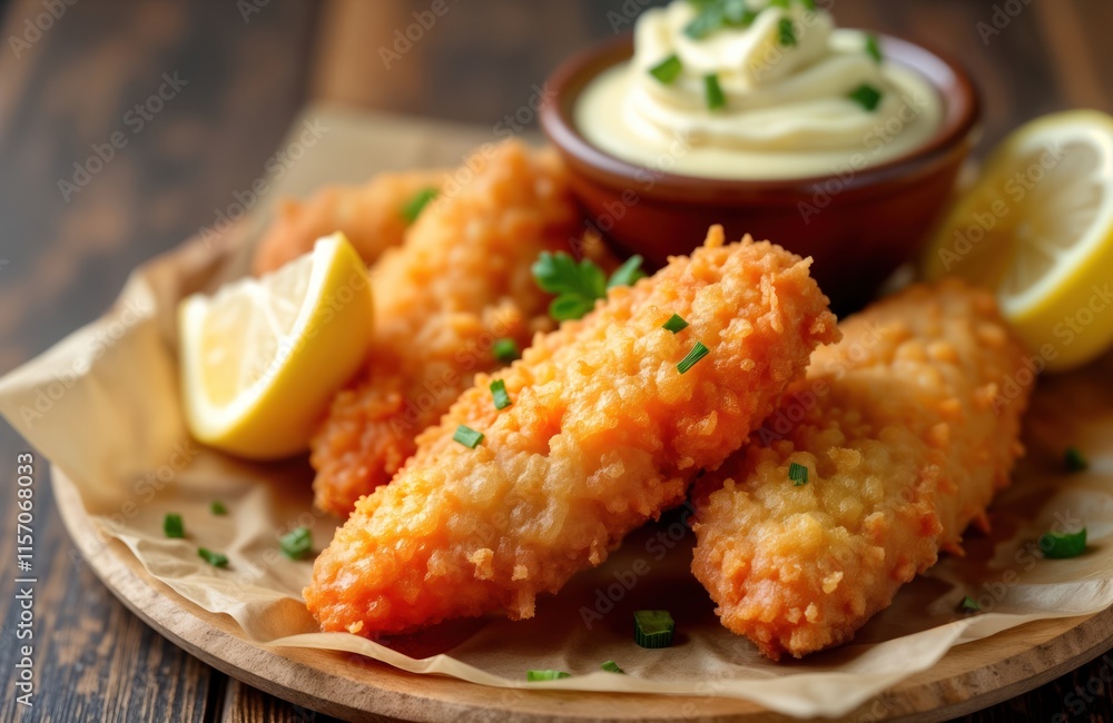 Crispy breaded fish fingers served with remoulade sauce, lemon. Tasty fried fish dish perfect as lunch dinner. Enjoy delicious seafood snack. Food presentation appealing. Ideal for restaurants Crispy breaded fish fingers served with remoulade sauce, lemon. Tasty fried fish dish perfect as lunch dinner. Enjoy delicious seafood snack. Food presentation appealing. Ideal for restaurants