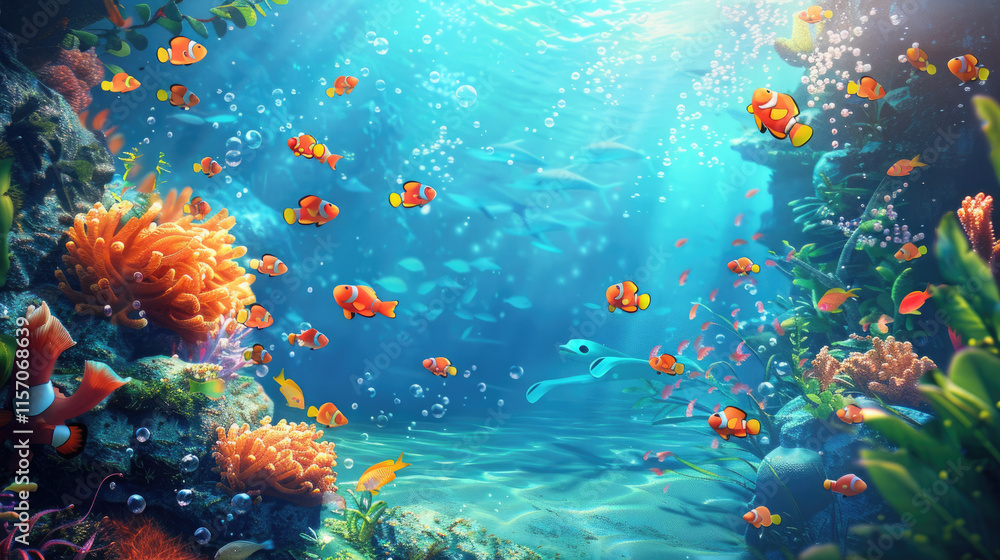 Fototapeta premium Colorful underwater scene teeming with vibrant marine life and coral formations during a sunlit day