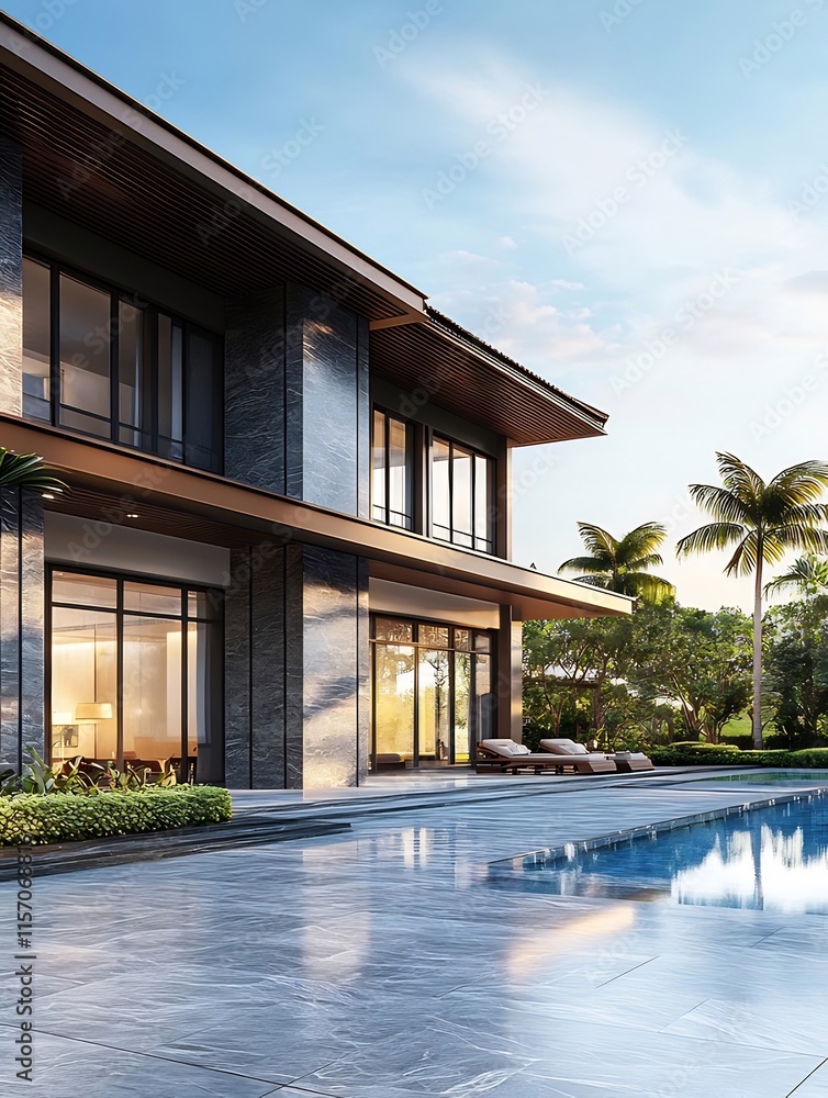 Luxury modern house with infinity pool, palm trees, and evening sun. Luxury modern house with infinity pool, palm trees, and evening sun.