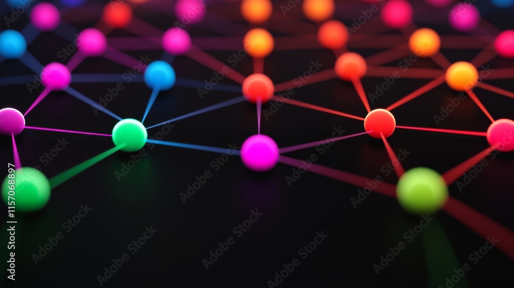 Obraz premium A vibrant, abstract representation of interconnected nodes and lines, showcasing a colorful network on a dark background.