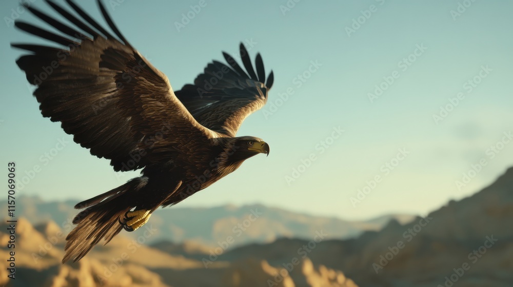 Obraz premium Majestic Eagle in Flight Over Rugged Mountainous Terrain