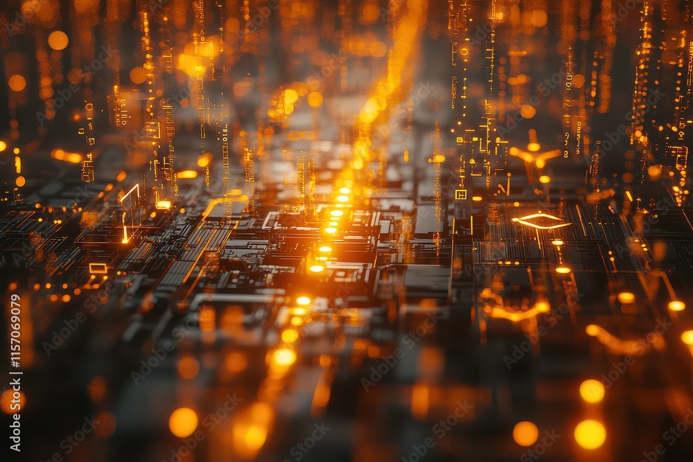 Aerial View of Glowing Data Stream in Futuristic City Aerial View of Glowing Data Stream in Futuristic City