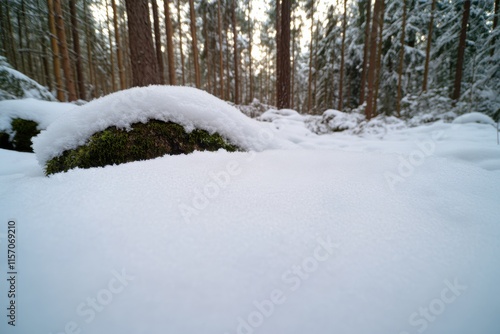 An artistic capture of snow gently resting atop a moss-covered rock, creating a striking contrast in a serene winter landscape filled with tall trees.