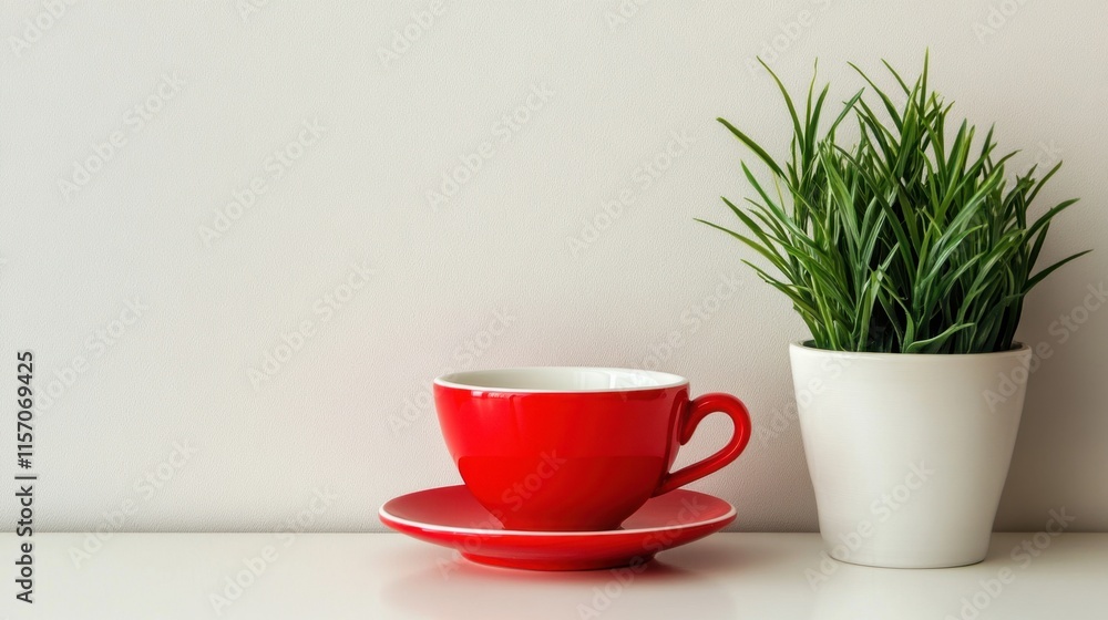 Colorful Red Cup and Saucer Next to Green Potted Plant on Table Colorful Red Cup and Saucer Next to Green Potted Plant on Table