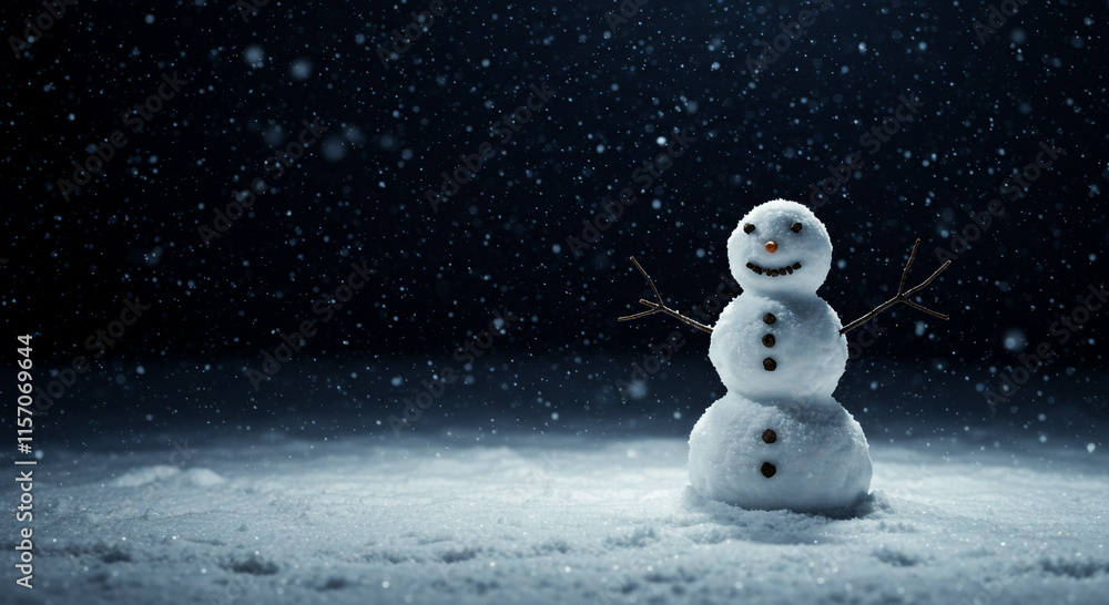 Obraz premium Dark Adorable snowman with a carrot nose, buttons, and twig arms in a snowy landscape, with snowflakes falling. Perfect for winter, Christmas, and festive holiday design projects.