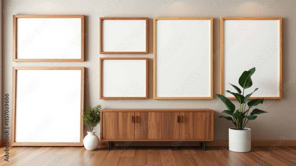 Fototapeta premium Modern Minimalist Living Room with Empty Picture Frames and Wooden Cabinet