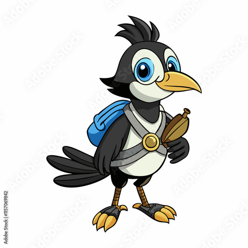 Charming cartoon magpie wearing a small backpack vector art illustration