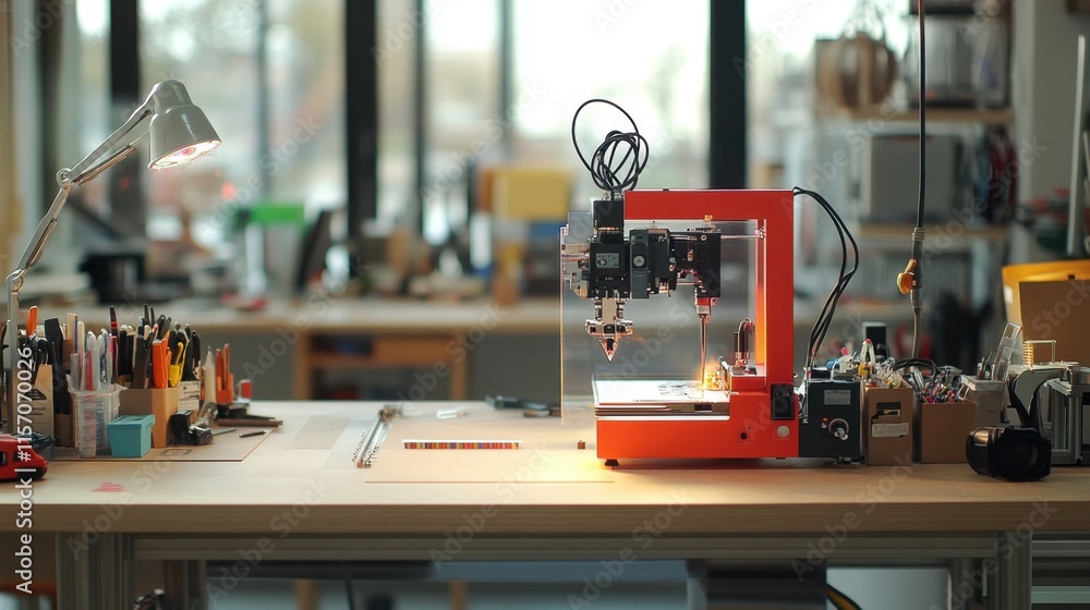 Fototapeta premium Modern Desktop CNC Machine in Creative Workshop Environment