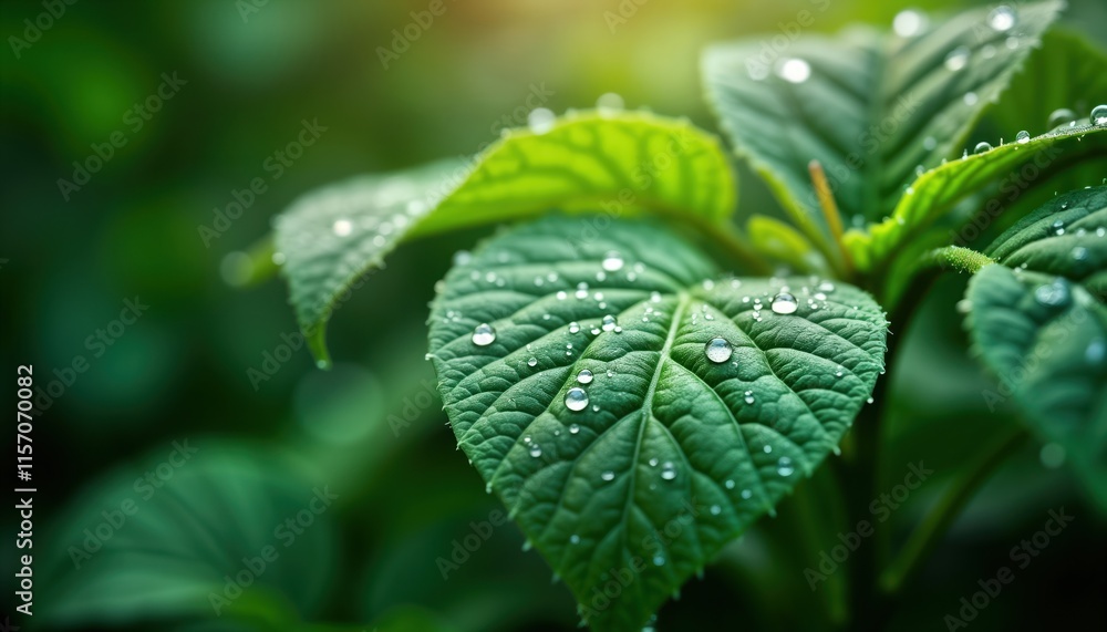 Closeup view of green leaves covered with water droplets. Natural eco background. Fresh, vibrant image. Represents eco sustainability, responsibility. Sustainable eco theme. Natural freshness. Nature Closeup view of green leaves covered with water droplets. Natural eco background. Fresh, vibrant image. Represents eco sustainability, responsibility. Sustainable eco theme. Natural freshness. Nature