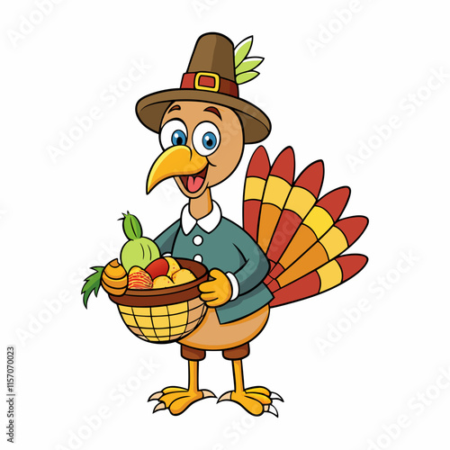 An adorable cartoon turkey wearing a pilgrim hat vector art illustration