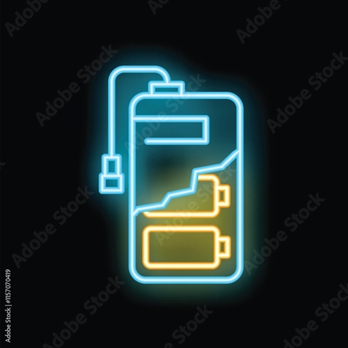 Glowing neon line power bank charger icon isolated on black background. Symbol of mobile charging battery. Vector illustration